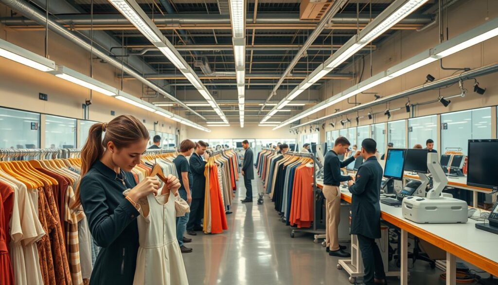 A bustling Shein quality control station, bathed in warm studio lighting. In the foreground, a fashion model examines a garment closely, meticulously checking the stitching, fabric quality and fit. Behind them, a team of inspectors scrutinize racks of clothing, ensuring each item meets rigorous standards. The middle ground reveals a series of neatly organized workstations, with skilled technicians testing materials and taking precise measurements. In the background, an array of cutting-edge equipment and monitoring systems convey the high-tech nature of the operation. The overall atmosphere is one of diligence, precision and a relentless pursuit of perfection, befitting the stringent quality control process for Shein's free trial items.