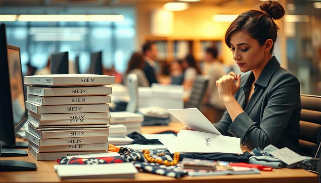 A bustling office setting, with a desk prominently featuring a stack of neatly organized Shein packages and promotional items. The lighting is warm and inviting, casting a soft glow over the scene. In the foreground, a person sits at the desk, carefully reviewing the contents of each package, a contemplative expression on their face. The middle ground showcases a range of Shein products, from clothing to accessories, all laid out for inspection. The background is blurred, providing a sense of depth and focus on the central activity. The overall mood is one of diligence and careful consideration, as the person navigates the process of reviewing and potentially returning the promotional items.