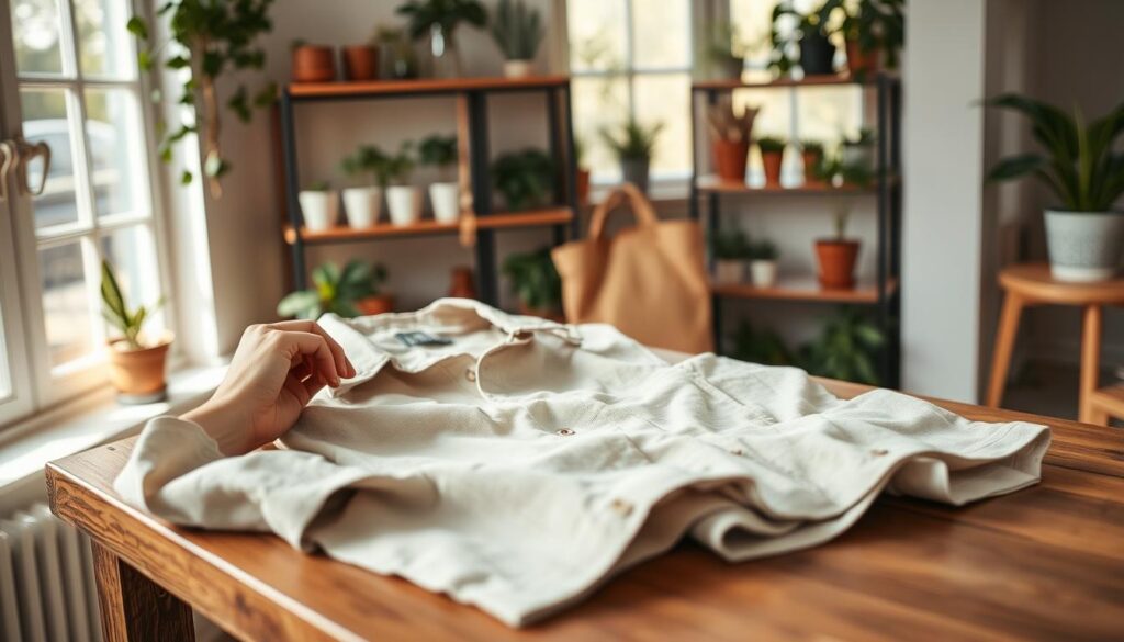 A cozy, well-lit room with natural lighting filtering through large windows. On a wooden table, an array of sustainable Shein items are neatly displayed - a linen shirt, a hemp tote bag, and a pair of organic cotton shorts. In the foreground, a hand gently touches the fabric of the shirt, appreciating its soft texture. The background features shelves filled with potted plants, adding a serene, eco-friendly ambiance. The overall scene conveys a sense of mindful, responsible consumerism and a commitment to sustainable fashion choices.