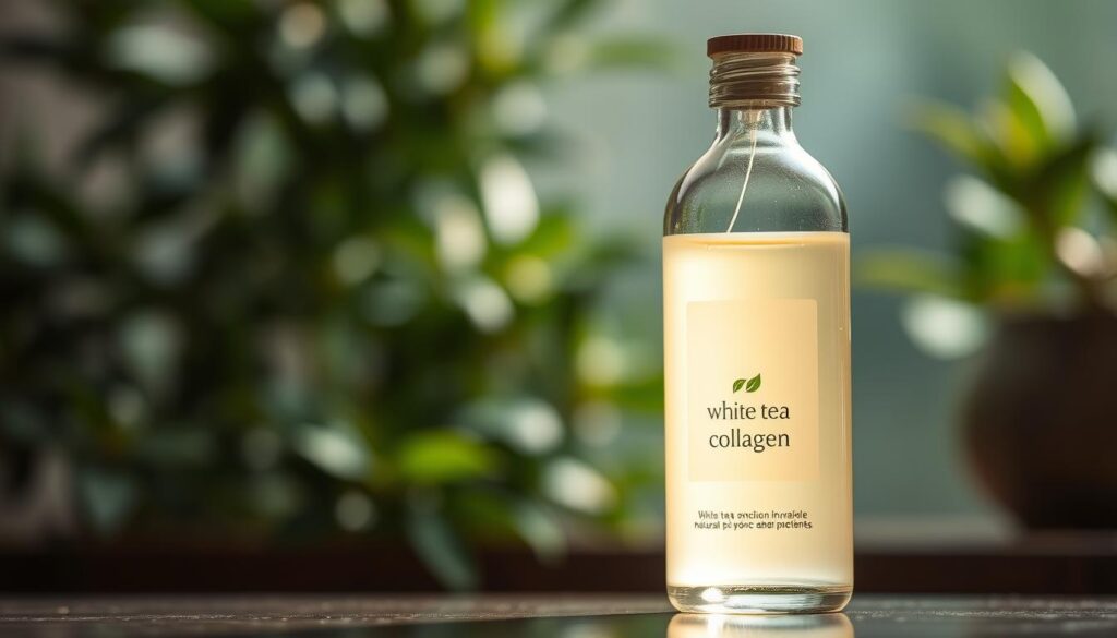 A delicate, translucent glass bottle filled with a pale, golden-hued liquid, capturing the essence of "white tea collagen". The bottle is backlit, creating a soft, ethereal glow that illuminates the liquid's purity. The bottle's label features a minimalist design, highlighting the natural, botanical ingredients. In the background, a serene, out-of-focus scene with lush, verdant foliage suggests a tranquil, spa-like atmosphere, conveying the calming and rejuvenating properties of this natural skin care product. Soft, diffused lighting creates a warm, inviting ambiance, emphasizing the product's natural, holistic approach to skin care.