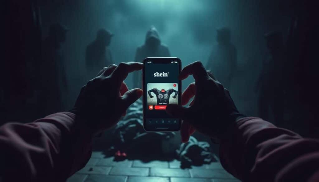 A dimly lit scene depicting a cautionary tale of online shopping scams. In the foreground, a person's hands hover over a smartphone, with the Shein app open, casting an ominous glow. The middle ground features a pile of questionable clothing items, their quality and origin in doubt. The background is hazy, with shadowy figures lurking, symbolizing the unseen dangers of unverified e-commerce platforms. The lighting is harsh, creating deep shadows and a sense of unease. The overall atmosphere conveys the need for vigilance, research, and caution when navigating the world of discounted fashion deals.