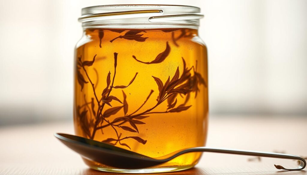 A glass jar filled with a golden-brown herbal infusion, its surface reflecting the warm glow of soft, diffused lighting. Delicate tea leaves gently suspended in the liquid, hinting at the natural ingredients. In the foreground, a spoon rests on the rim, suggesting the steps of preparing this homemade tea toner. The background blurs into a serene, minimalist setting, allowing the jar and its contents to take center stage. The overall mood is one of natural simplicity and self-care, inviting the viewer to imagine the soothing and rejuvenating effects of this tea-based skin remedy.