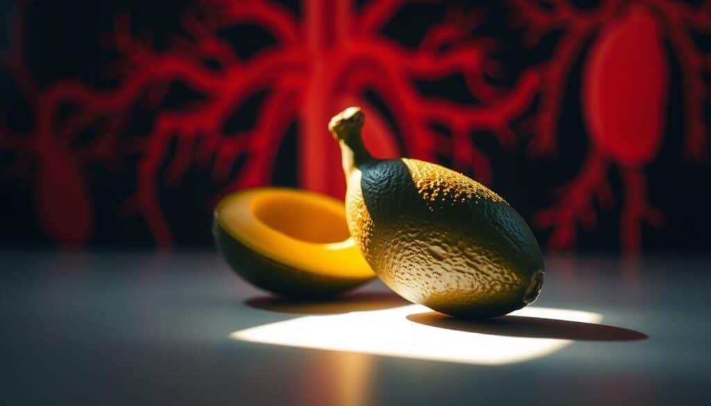 A high-contrast close-up photograph of a potassium-rich food item, such as a banana or avocado, in the foreground, casting a soft shadow onto a background featuring abstract anatomical elements symbolizing blood vessels and the cardiovascular system. The lighting should be warm and natural, creating a sense of depth and dimensionality. The composition should be balanced and visually compelling, drawing the viewer's attention to the interplay between the potassium-rich food and the blood pressure-related imagery. The overall atmosphere should convey a sense of health, vitality, and the important role of potassium in maintaining healthy blood pressure.