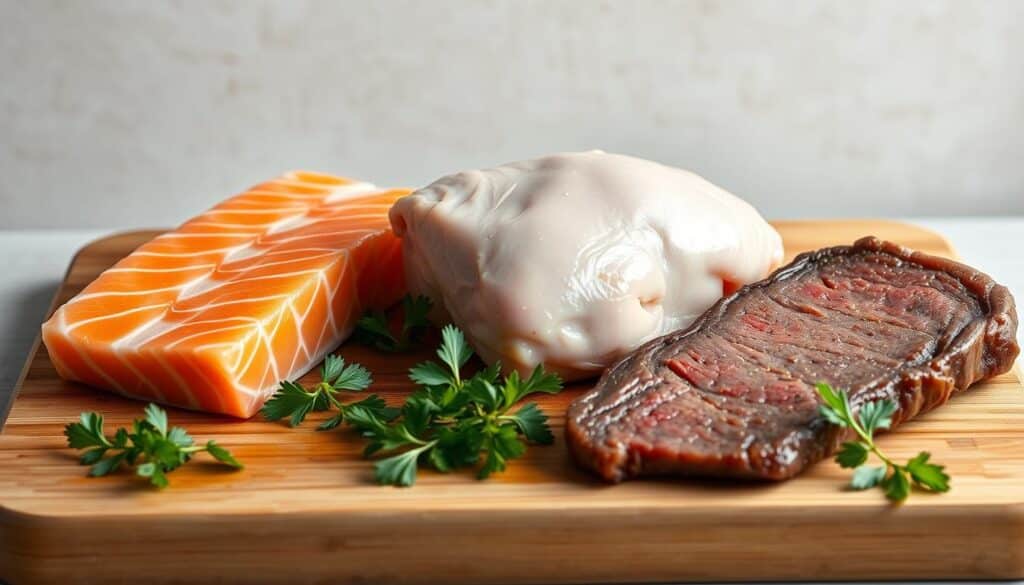 A high-quality, photorealistic image of various collagen-rich animal protein sources, including a fillet of fresh salmon, a chicken thigh, and a slice of beef steak. The items are neatly arranged on a wooden cutting board against a neutral background, with soft, natural lighting highlighting the textures and colors of the different meats. The composition emphasizes the diversity of collagen-rich animal proteins, showcasing their visual appeal and suggesting their nutritional value. The overall mood is clean, appetizing, and informative, suitable for illustrating a section on collagen-rich animal proteins in a health-focused article.