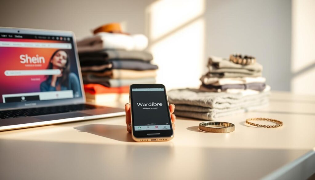 A modern, minimalist desktop scene showcasing the benefits of a Shein account. In the foreground, a laptop displays the Shein homepage, its vibrant colors and sleek design inviting the viewer. The middle ground features a smartphone with the Shein app open, highlighting the ease of access and mobile-friendly shopping experience. In the background, a stack of neatly folded clothing and accessories symbolizes the rewards and free items available to Shein account holders. Warm, natural lighting casts a soft glow over the scene, creating an atmosphere of convenience, style, and value. The overall composition conveys the advantages of signing up for a Shein account - unlocking exclusive perks, seamless shopping, and a wardrobe-expanding experience.