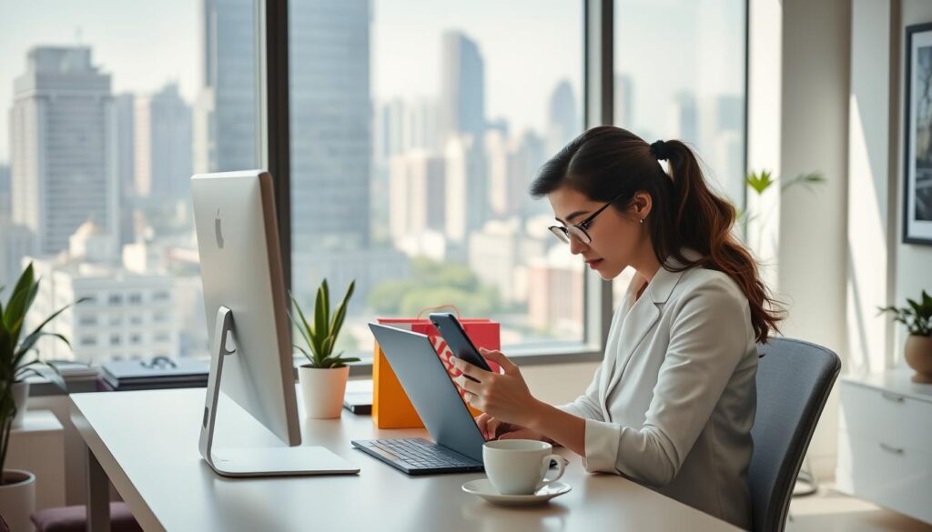 A modern office workspace with a large, light-filled window overlooking a bustling city skyline. In the foreground, a young professional woman sits at her desk, intently focused on her laptop screen as she logs into the Shein app. The middle ground features a neatly organized desk with a sleek computer, a colorful Shein shopping bag, and a cup of coffee. The background showcases a minimalist, contemporary decor with potted plants and artwork on the walls, creating a professional yet comfortable atmosphere. The lighting is soft and natural, accentuating the woman's concentration as she checks in to earn her daily Shein rewards.
