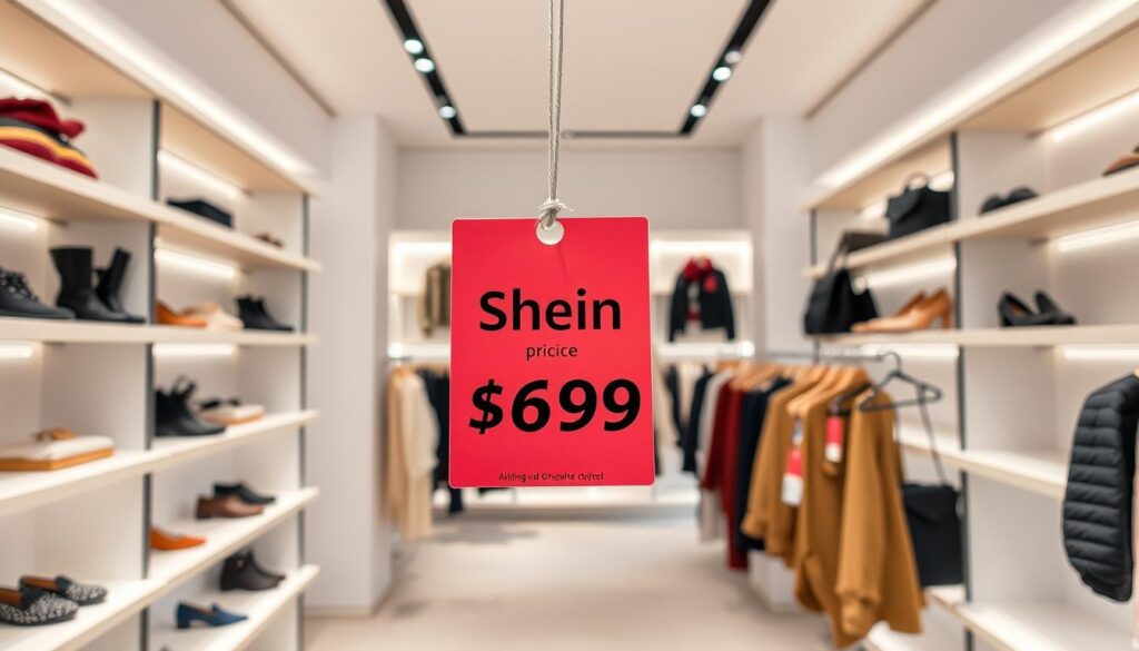 A modern retail interior with minimalist shelves showcasing a variety of stylish clothing items. The shelves are illuminated by soft, diffused lighting, creating a warm, inviting atmosphere. In the foreground, a product price tag prominently displays an impressively low price, drawing the viewer's attention to Shein's affordable pricing strategies. The middle ground features additional price tags on various garments, emphasizing the brand's commitment to providing trendy fashion at accessible costs. The background depicts a sleek, clean store layout, conveying a sense of high-quality and attention to detail. The overall scene highlights Shein's ability to deliver fashion-forward items at remarkably low prices, catering to the needs of budget-conscious consumers.