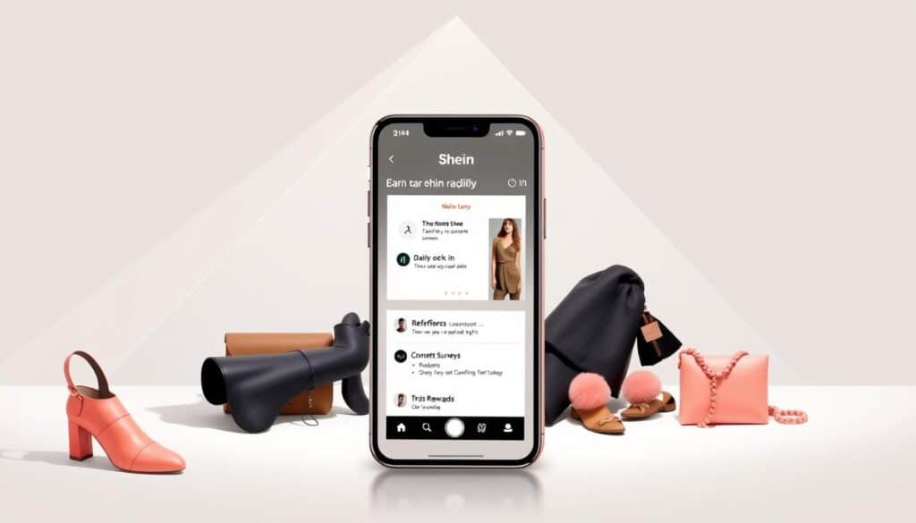 A modern, sleek illustration showcasing various ways to earn Shein points rapidly. In the foreground, a smartphone screen displays the Shein mobile app, with enticing point-earning opportunities like daily check-ins, referrals, and completing surveys. In the middle ground, stylish outfits and accessories from the Shein catalog are arranged, hinting at the rewards users can redeem. The background features a minimalist, geometric pattern in muted tones, creating a clean, sophisticated aesthetic. Bright, directional lighting emphasizes the key elements, conveying a sense of efficiency and convenience in earning Shein points.