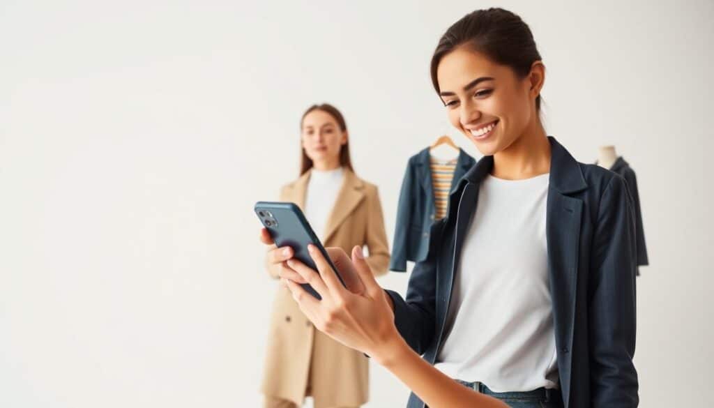 A modern, well-lit, high-resolution studio photograph of a young woman trying on different outfits from the SHEIN clothing app on her smartphone. The woman is standing in a minimalist, white-walled setting, her face and body visible from the waist up. She has an expression of delight as she evaluates the outfits. The image captures the intuitive, interactive experience of the SHEIN try-on program, showcasing its user-friendly interface and the variety of clothing options available to the customer.