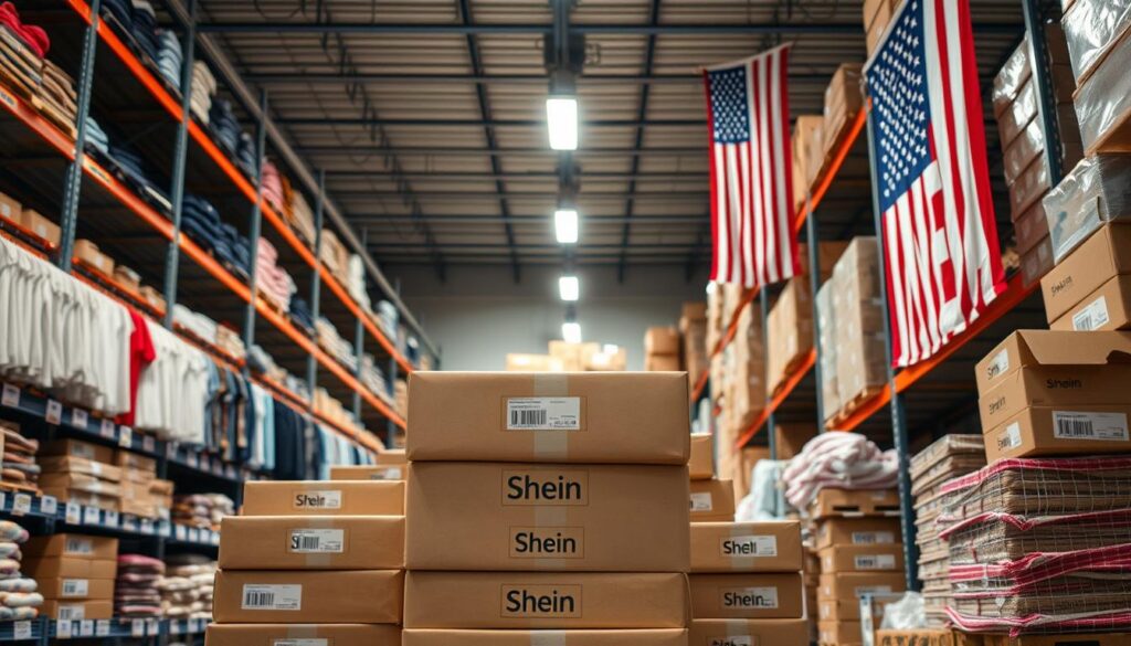 A neatly organized warehouse, shelves stocked with Shein apparel, packages carefully packed and ready for shipping. Overhead, bright studio lighting illuminates the scene, creating a crisp, professional atmosphere. In the foreground, a stack of labeled boxes, each emblazoned with the Shein logo, awaits collection by a delivery courier. The background features an array of shipping materials, from bubble wrap to packing tape, conveying the efficient logistics behind Shein's swift deliveries. An American flag hangs prominently, signifying Shein's commitment to reliable and timely service for its US customer base. The overall impression is one of a well-oiled operation, ensuring a seamless shopping experience from order to arrival.