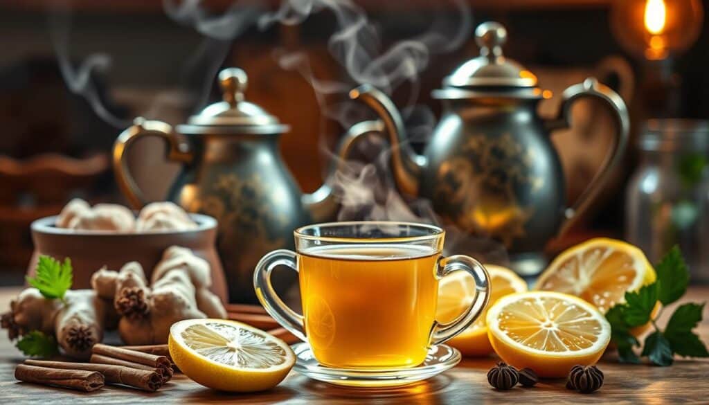 A steam-filled kitchen with an antique teapot and a variety of fresh herbs and spices, including ginger, cinnamon, and cardamom. A cup of fragrant tea is placed in the foreground, surrounded by sliced lemon and honey. The lighting is warm and inviting, creating a cozy and soothing atmosphere. The image captures the essence of a homemade remedy for high blood pressure, with the tea and its natural ingredients taking center stage. The composition is balanced and visually appealing, drawing the viewer's attention to the healthy, therapeutic nature of the tea.