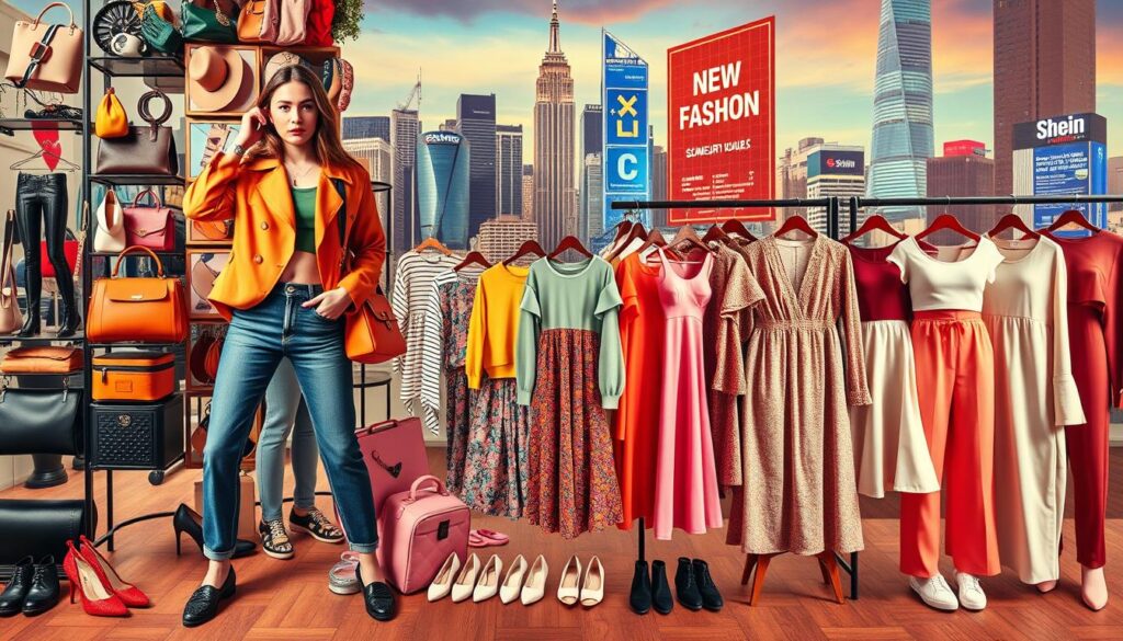 A vibrant, detailed collage showcasing the top trending fashion categories on Shein in 2025. In the foreground, a stylish young woman wearing the latest trendy outfit poses confidently, surrounded by a variety of chic accessories, bags, and shoes. In the middle ground, a lively display of colorful clothing items - from casual streetwear to elegant dresses and sleek athleisure - arranged to highlight the diversity of Shein's offerings. The background features a dynamic cityscape, with skyscrapers and neon lights, setting an urban, futuristic tone. The overall scene is bathed in warm, saturated lighting, creating a visually striking and aspirational representation of Shein's 2025 fashion trends.