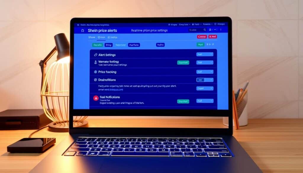 A vibrant digital display showcasing real-time "Shein price alerts" against a backdrop of a stylish, minimalist workspace. In the foreground, a sleek laptop screen dominates, its display revealing a user interface with customizable alert settings, price tracking, and deal notifications. The middle ground features a compact, high-contrast keyboard and a modern, wire-framed desk lamp, casting a warm, focused light across the scene. In the background, a neutral-toned wall with subtle, geometric patterns creates a clean, contemporary ambiance, emphasizing the technology-driven nature of the "Shein price alerts" experience.