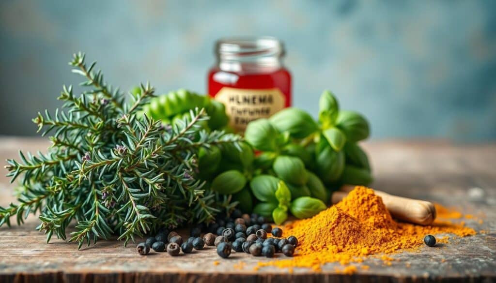A vibrant still life arrangement showcasing an assortment of fresh, lush herbs on a rustic wooden table. In the foreground, a bundle of rosemary, thyme, and basil in varying shades of green and purple, their delicate leaves gently swaying. Beside them, a scatter of whole and ground black peppercorns, fennel seeds, and a sprinkling of turmeric powder, creating a warm, earthy palette. In the middle ground, a glass jar filled with a crimson-hued tincture, its label indicating its use for blood pressure support. The background features a soft, diffused light, casting a gentle glow on the scene, evoking a sense of natural, holistic wellness.