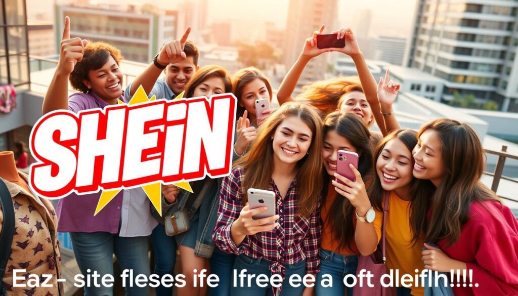 A vibrant, visually engaging image depicting the SHEIN referral program. In the foreground, a group of enthusiastic young people gathered together, each holding a smartphone and gesturing excitedly as they share a SHEIN referral link. The middle ground features a large, dynamic SHEIN logo rendered in bold, eye-catching typography, surrounded by an array of SHEIN clothing items and accessories in a variety of colors and styles. The background showcases a lively, urban setting, with modern cityscapes and a hint of natural elements, conveying a sense of energy and dynamism. The overall scene is bathed in warm, inviting lighting, creating a visually appealing and aspirational atmosphere that captures the essence of the SHEIN referral program and its ability to earn free clothing.