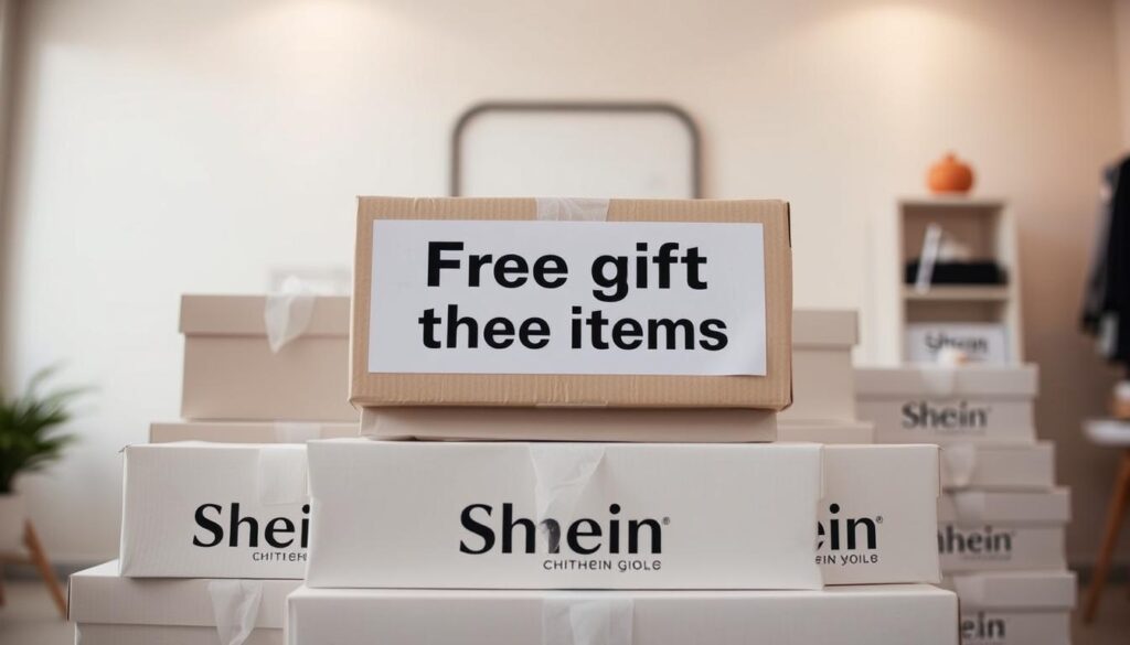 A well-lit, high-resolution photo of a stack of Shein clothing boxes in the foreground, showcasing a prominent "Free gift threshold" label prominently displayed. The boxes are arranged in a visually appealing manner, with careful attention to composition and symmetry. The background is a clean, minimalist setting, perhaps a studio or home interior, with soft, even lighting that highlights the products. The overall mood is one of anticipation and excitement, conveying the idea of unlocking free items through strategic purchasing. The image should communicate the concept of "Buying Strategically to Unlock Free Items" in a clear, visually compelling manner.