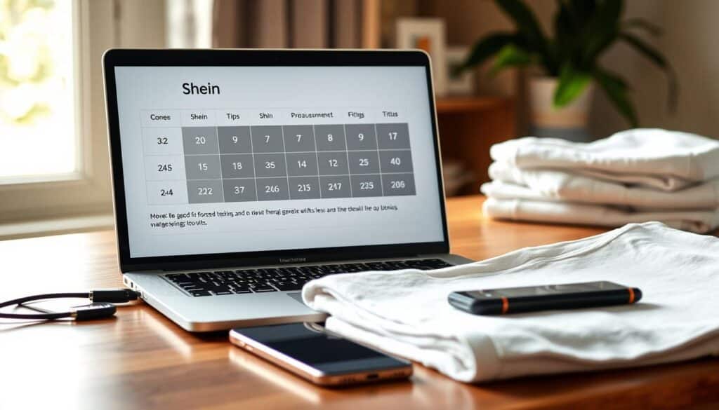 A well-lit home office scene, with a laptop, smartphone, and a stack of neatly folded Shein clothing items on a wooden desk. The laptop screen displays a Shein size guide, providing measurements and fit tips. Soft natural light filters in through a window, casting a warm glow across the scene. The atmosphere is one of productivity and helpful information, reflecting the article's focus on navigating Shein's sizing and quality. The image should convey a sense of guidance and utility for the reader.
