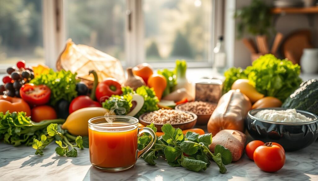 A well-lit kitchen counter, arranged with an array of fresh, vibrant produce - leafy greens, crisp vegetables, and colorful fruits. In the foreground, a steaming mug of tea, its fragrant steam rising gently. The lighting is warm and natural, highlighting the textures and colors of the ingredients. In the middle ground, neatly arranged are whole grains, lean proteins, and healthy fats, creating a balanced, heart-healthy tableau. The background features a window overlooking a serene outdoor scene, allowing natural light to flood the space. The overall mood is one of tranquility, wellness, and a celebration of nutritious, wholesome foods.