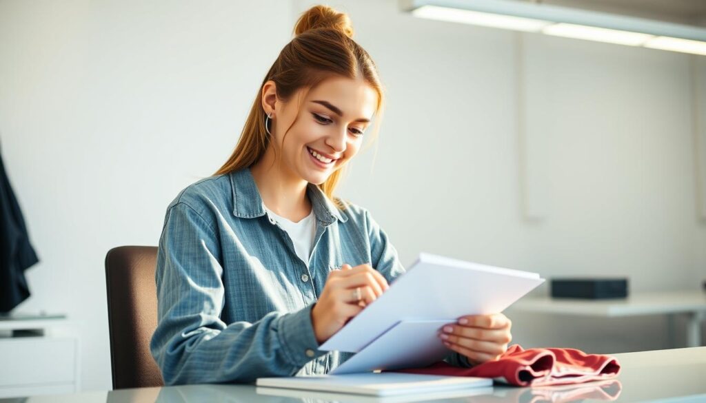 A young, enthusiastic woman sitting at a desk, meticulously examining a Shein product. She's dressed in casual, comfortable clothing, her eyes focused intently on the garment, taking notes. Bright, natural lighting illuminates the scene, casting a warm, inviting glow. The background is a minimalist, modern office setting, hinting at the professional nature of her role as a product tester. The woman's expression conveys a sense of diligence and attention to detail, reflecting the importance of her work in providing valuable feedback to the Shein brand.
