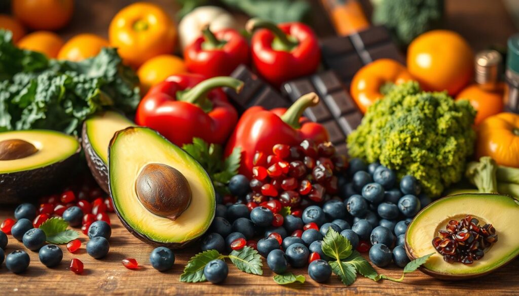 Detailed still life photography of various antioxidant-rich fruits and vegetables arranged on a wooden table. In the foreground, ripe avocado, blueberries, and pomegranate seeds are displayed. In the middle ground, vibrant kale leaves, red bell peppers, and goji berries are visible. The background features a variety of other colorful produce like oranges, broccoli, and dark chocolate. The lighting is soft and natural, creating warm shadows and highlights that accentuate the textures and colors of the items. The overall composition conveys a sense of health, vitality, and the protective power of antioxidants to preserve collagen.
