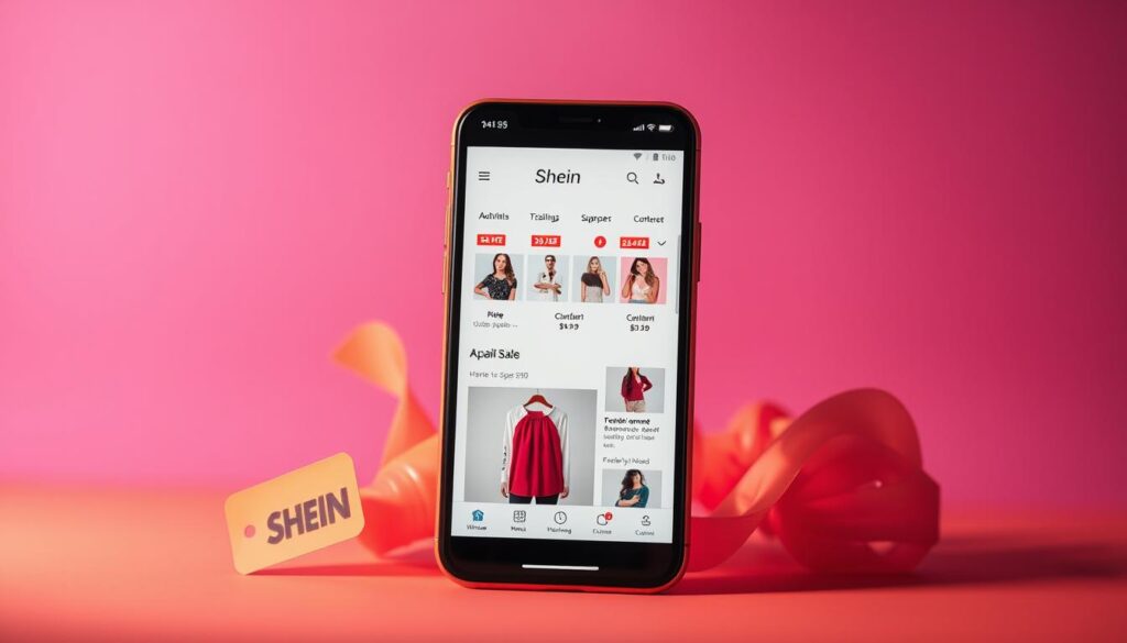 Prompt A vibrant and dynamic mobile app interface, showcasing a variety of enticing Shein fashion deals and discounts. In the foreground, large product images and eye-catching sale tags draw the viewer's attention. The middle ground features a sleek, modern layout with intuitive navigation menus and icons. The background subtly blends shades of the Shein brand colors, creating a visually striking and cohesive aesthetic. Crisp lighting, clean lines, and a subtle depth of field combine to present an inviting and engaging shopping experience through the Shein app.