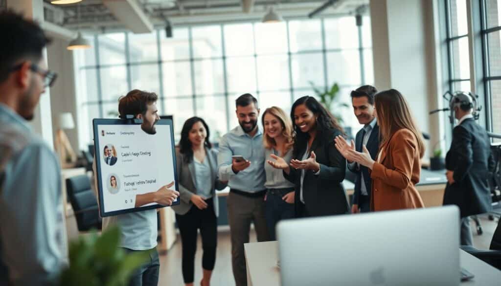 A bustling office environment with a team of professionals engaged in a collaborative online chat session. The foreground features a sleek, minimalist team messaging app interface with clean lines, intuitive icons, and a smooth, responsive user experience. In the middle ground, several diverse team members are gathered around a large, high-resolution display, gesturing animatedly as they discuss projects and share ideas. The background depicts a modern, well-lit open-concept office space with large windows, ergonomic furniture, and a sense of productivity and efficiency. Soft, natural lighting illuminates the scene, creating a warm, professional atmosphere. The overall composition conveys a seamless integration of cutting-edge team collaboration technology and a vibrant, engaged workforce.