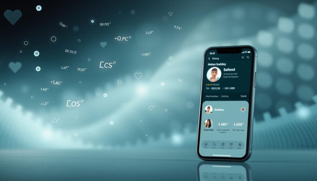 A clean, minimalist interface showcases a dating app algorithm at work. In the foreground, stylized data points and equations float, representing the intricate calculations powering the matching process. The middle ground features a sleek mobile device displaying profile pictures and compatibility metrics, all bathed in a soft, ambient light. The background subtly blurs into an ethereal, technological landscape, hinting at the vast troves of data fueling the app's intelligent matchmaking. The overall aesthetic conveys a sense of efficiency, precision, and the quiet power of advanced algorithms tailored to facilitate meaningful connections.