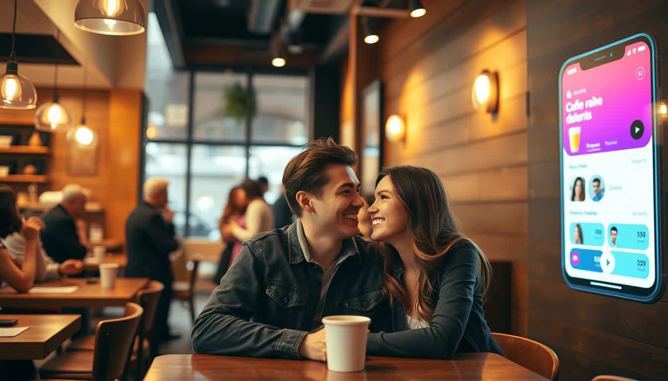 A cozy coffee shop interior, with warm lighting and wooden accents. In the foreground, a young couple sits at a table, leaning in and smiling as they engage in animated conversation. The middle ground features other patrons mingling and enjoying their beverages, creating a lively yet intimate atmosphere. The background showcases a sleek, modern dating app interface projected onto the wall, highlighting the advantages of using such platforms to connect with like-minded individuals in a relaxed, social setting.