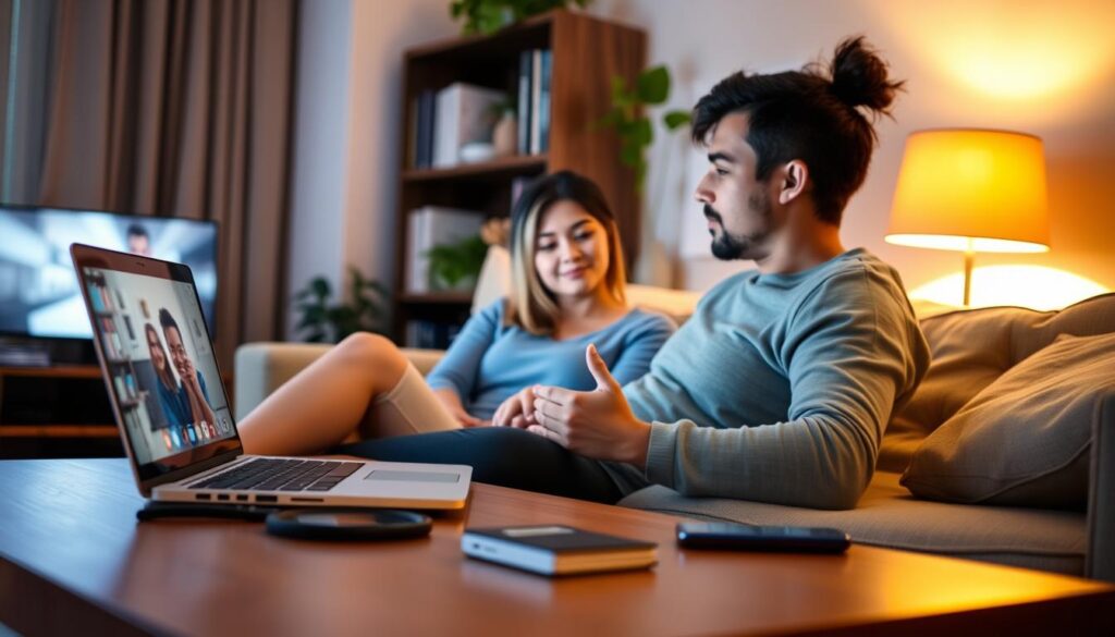 A cozy living room setting, bathed in warm, soft lighting. On a coffee table, a laptop and smartphone, representing the convenience of online dating. In the foreground, two people engaged in a video call, their faces illuminated by the screen glow. In the background, a bookshelf and houseplants, conveying a sense of comfort and familiarity. The atmosphere is relaxed, intimate, and cost-effective, highlighting the benefits of modern, technology-driven dating alternatives.