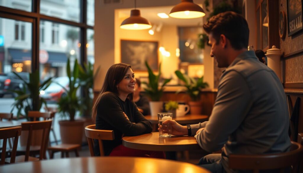 A cozy, well-lit cafe interior with a warm, inviting atmosphere. In the foreground, a woman and a man sitting at a small table, engaged in conversation, their body language indicating a first date. In the middle ground, the cafe's decor - wooden furniture, potted plants, and soft lighting create a relaxed, comfortable ambiance. The background features a window overlooking a bustling city street, hinting at the larger world beyond the intimate setting. The lighting is soft, with a slight golden glow, creating a sense of safety and security. The composition draws the viewer's eye to the two individuals, emphasizing the importance of personal connection and safety during a virtual or in-person date.