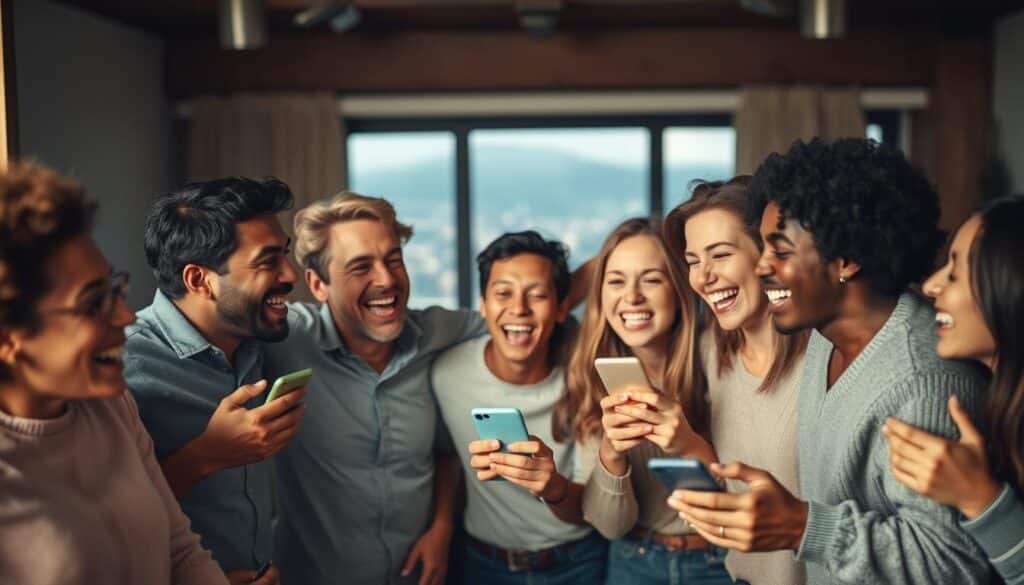 A lively group of diverse individuals celebrating their success with dating apps, capturing the joy and connection of real-world outcomes. In the foreground, a diverse ensemble of men and women of various ages and backgrounds, laughing and embracing, their expressions radiating happiness. The middle ground features a cozy, intimate setting, with soft lighting and warm colors, evoking a sense of comfort and camaraderie. In the background, a blurred cityscape or scenic landscape, hinting at the broader context of these meaningful personal connections. The overall atmosphere is one of positivity, inclusion, and the triumph of finding love and companionship through modern digital means. A lively group of diverse individuals celebrating their success with dating apps, capturing the joy and connection of real-world outcomes. In the foreground, a diverse ensemble of men and women of various ages and backgrounds, laughing and embracing, their expressions radiating happiness. The middle ground features a cozy, intimate setting, with soft lighting and warm colors, evoking a sense of comfort and camaraderie. In the background, a blurred cityscape or scenic landscape, hinting at the broader context of these meaningful personal connections. The overall atmosphere is one of positivity, inclusion, and the triumph of finding love and companionship through modern digital means.