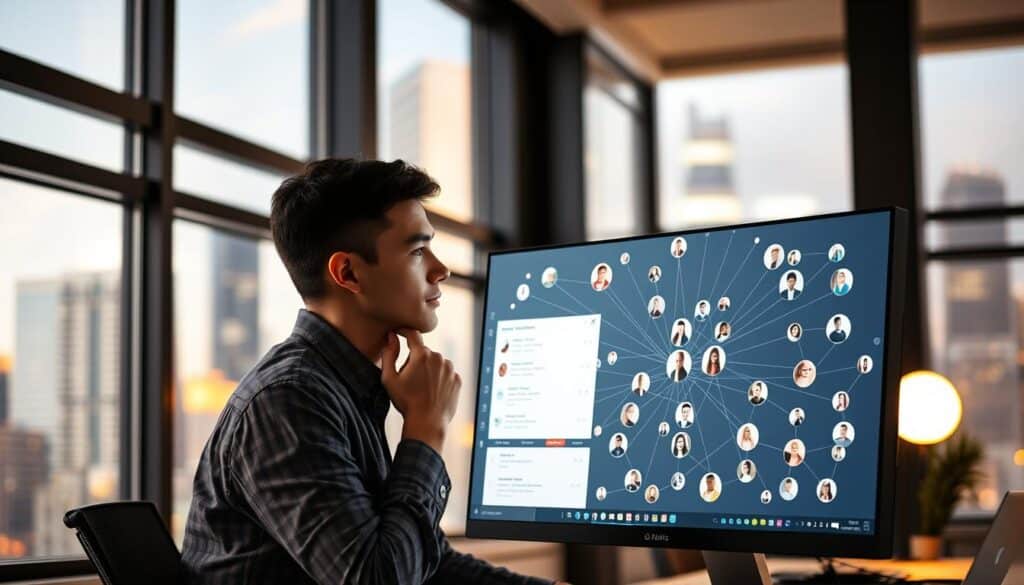 A modern office setting with a large window overlooking a vibrant city skyline. In the foreground, a desktop computer screen displays a dating app interface, its algorithm visualized as a complex web of color-coded connections between user profiles. The middle ground features a young professional, intently focused on the screen, hand on chin in contemplation. Soft, warm lighting illuminates the scene, creating an atmosphere of thoughtful introspection. The background is softly blurred, emphasizing the centrality of the digital matching process. The overall impression is one of technology-assisted compatibility seeking, with an air of quiet contemplation.