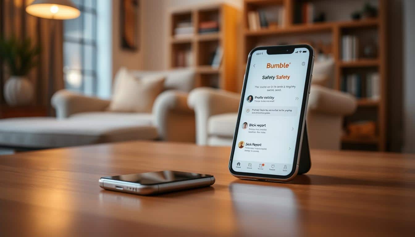 A serene and secure Bumble setting, bathed in soft, warm lighting. In the foreground, a smartphone rests on a wooden table, its screen displaying the Bumble app's safety features - profile verification, photo moderation, and block/report options. In the middle ground, a cozy living room scene, with a plush armchair and a bookshelf in the background, conveying a sense of comfort and privacy. The atmosphere is calm and inviting, reflecting the app's commitment to user safety and well-being.