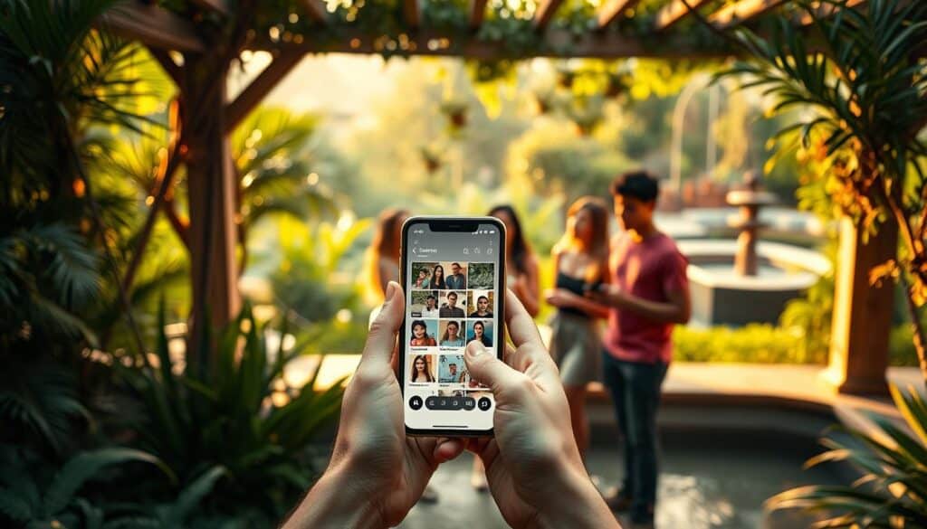 A serene garden oasis, bathed in soft, warm lighting and accented by natural textures. In the foreground, a pair of hands gently holding a smartphone, the screen displaying a dating app interface. The middle ground features a young, diverse group of individuals engaged in thoughtful conversation, their expressions radiating personal growth and connection. Sweeping vistas of lush foliage and a calming water feature set the tranquil backdrop, symbolizing the journey of self-discovery and meaningful relationships fostered through these personal growth-focused dating apps.