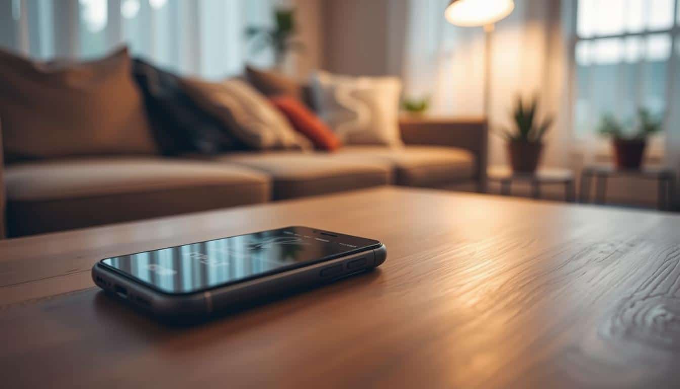 A serene, intimate setting where a smartphone rests on a wooden table, its screen displaying the Tinder app's familiar interface. The lighting is soft and warm, casting a cozy glow over the scene. In the background, a plush, inviting couch and a few potted plants suggest a comfortable, relaxed atmosphere, perfect for exploring love and relationships. The image conveys a sense of introspection and self-discovery, encouraging the viewer to thoughtfully consider the tips and insights within the article.