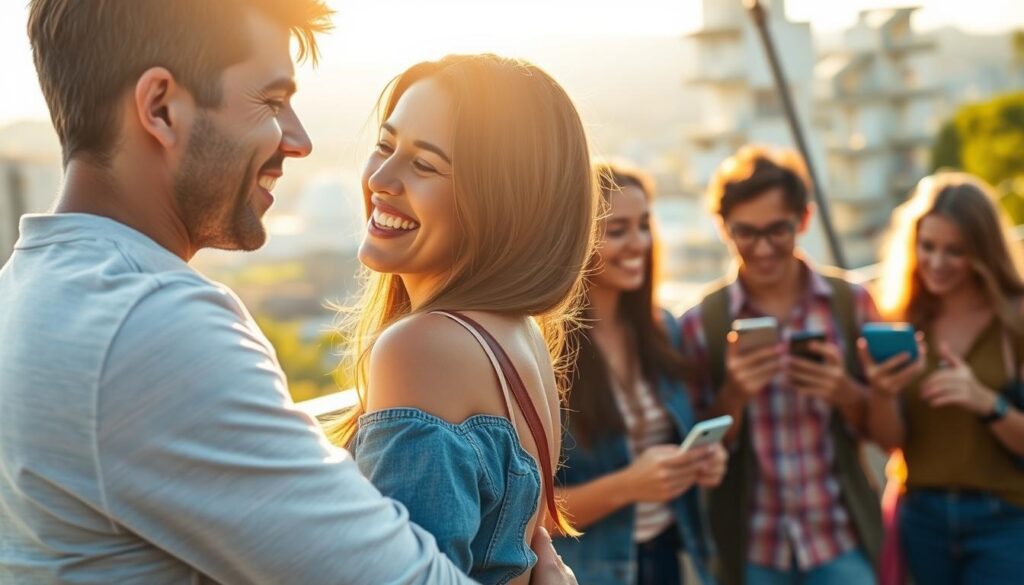A serene, sunlit outdoor scene depicting the successful outcomes of modern dating apps. In the foreground, a happy couple embracing, their faces illuminated by soft natural light. In the middle ground, a group of friends laughing together, their smartphones in hand, representing the social connections forged through digital matchmaking. The background showcases a vibrant cityscape, symbolizing the diversity and opportunities these platforms provide. The overall atmosphere is one of warmth, positivity, and genuine human connection, highlighting the real-life benefits of using dating apps.
