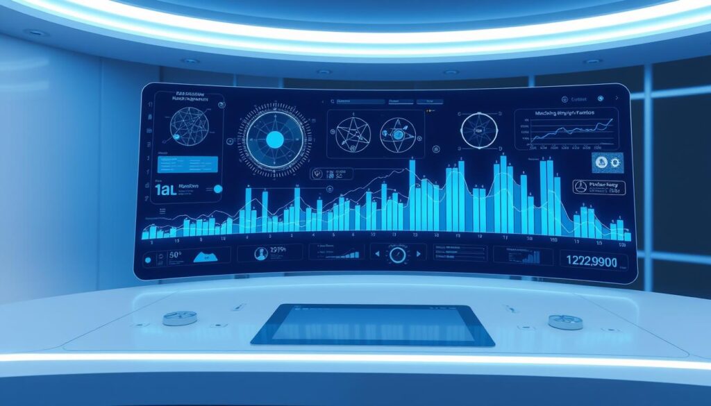 A sleek, elegant control panel with a futuristic, holographic interface. Algorithms and data visualizations float above the dashboard, showcasing intricate matching patterns and insights. Soft blue lighting casts an ambient glow, creating a sense of technological sophistication. The control panel is situated in a minimalist, high-tech environment, hinting at the advanced nature of the dating app's matchmaking capabilities. A sense of precision, efficiency, and data-driven decision-making permeates the scene.