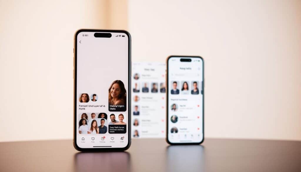 A sleek, minimalist mobile interface with a soft, warm lighting. In the foreground, a diverse set of user profiles with thoughtful personal details and interests. In the middle ground, a curated feed of compatible matches, their compatibility scores displayed discreetly. In the background, a subdued, elegant color palette evokes a sense of intentionality and discernment. The overall atmosphere conveys a refined, deliberate approach to modern dating - an experience designed for those seeking meaningful connections.