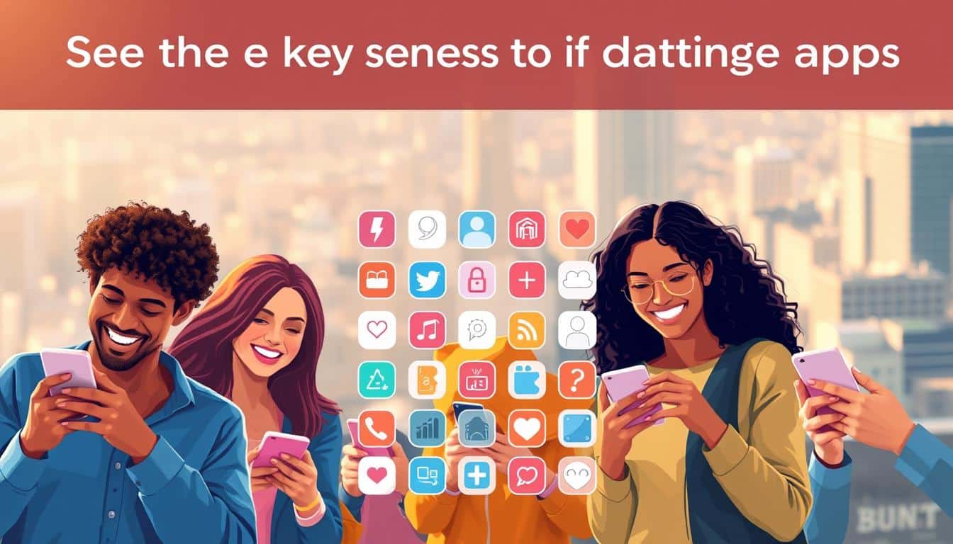 A vibrant and engaging illustration of the key benefits of dating apps. In the foreground, a group of diverse people using their smartphones to connect, their faces alight with smiles and laughter. In the middle ground, a grid of app icons representing the features and functionalities of popular dating platforms. The background is a soft, blurred cityscape, conveying the idea of a bustling urban landscape filled with opportunities for meaningful connections. The scene is bathed in warm, natural lighting, creating a welcoming and inviting atmosphere. The overall composition is clean, well-balanced, and visually appealing, capturing the essence of the "See the key benefits of dating apps" section.