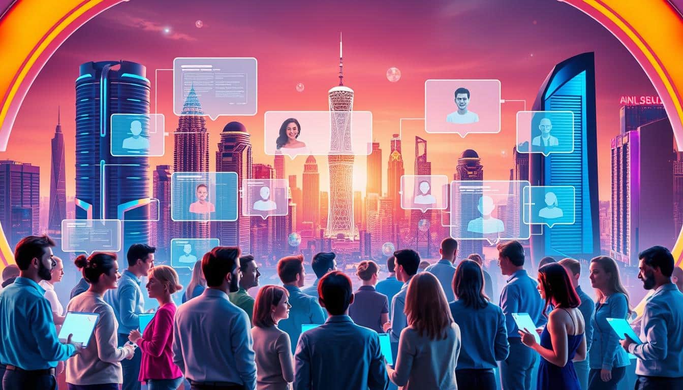 A vibrant and futuristic scene depicting the best chat platforms for online conversation in 2025. In the foreground, a diverse group of people engaged in lively discussions, their avatars representing the latest advancements in virtual communication. The middle ground showcases a collage of sleek, holographic interfaces, each platform distinguished by its unique design and features. In the background, a cityscape of towering, neon-lit skyscrapers reflects the global, interconnected nature of these chat platforms. The scene is bathed in a warm, futuristic glow, conveying a sense of connectivity, innovation, and the seamless integration of technology into everyday life.