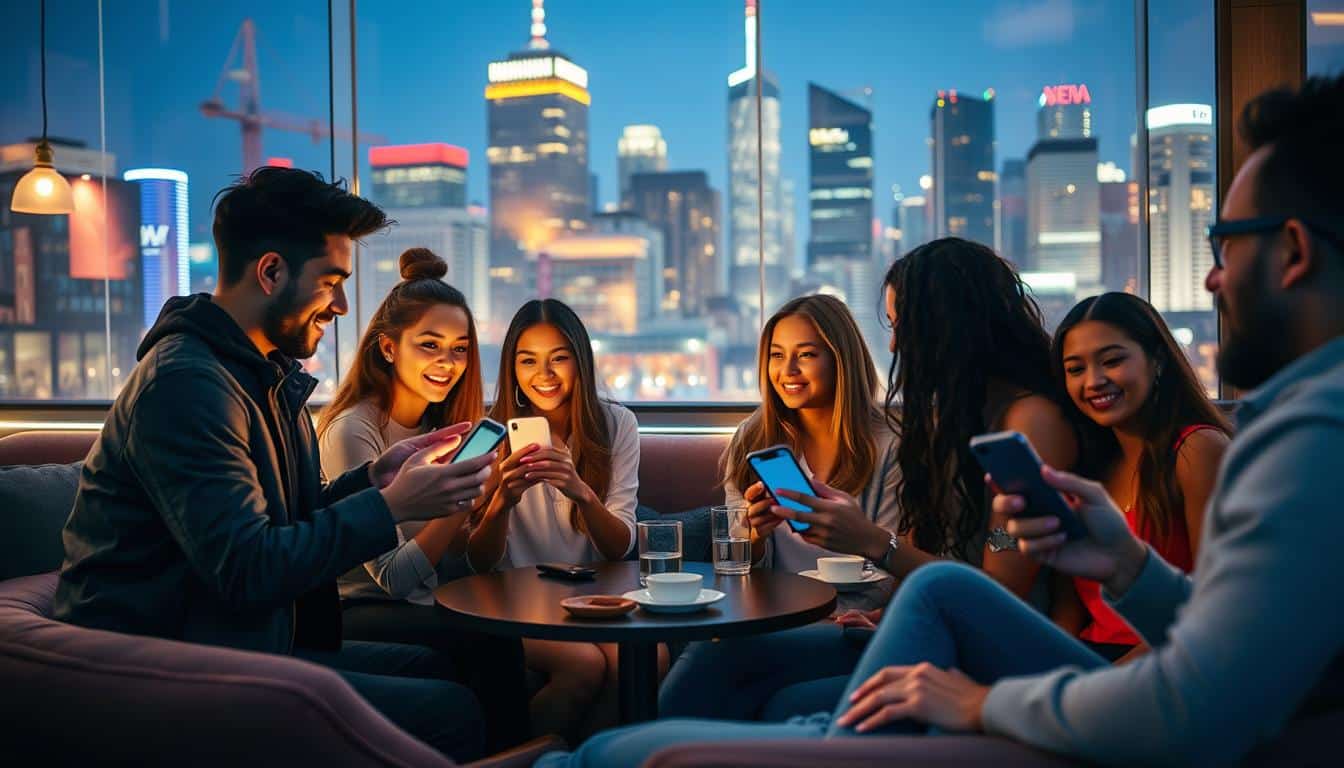 A vibrant and inviting scene showcasing the perks of using dating apps. In the foreground, a diverse group of young, stylish people engage in lively conversation, their faces lit by the warm glow of their smartphone screens. The middle ground features a cozy cafe setting, with plush seating and a chic, minimalist decor. Soft, diffused lighting creates a intimate, welcoming atmosphere. In the background, a bustling city skyline with towering skyscrapers and a vibrant nightlife sets the scene. The overall mood is one of connection, discovery, and the promise of new relationships.