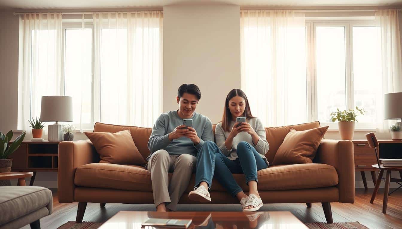 A warm, inviting modern living room with natural light streaming through large windows. In the center, a young couple sits on a plush couch, engrossed in their smartphones, representing the experience of modern dating apps. The room is tastefully furnished with mid-century modern decor, creating a cozy, intimate atmosphere. The couple's body language suggests a comfortable, relaxed connection, highlighting the advantages of connecting through digital platforms. Subtle pastel tones and soft lighting evoke a sense of harmony and positivity, conveying the potential of modern dating apps to facilitate meaningful relationships.