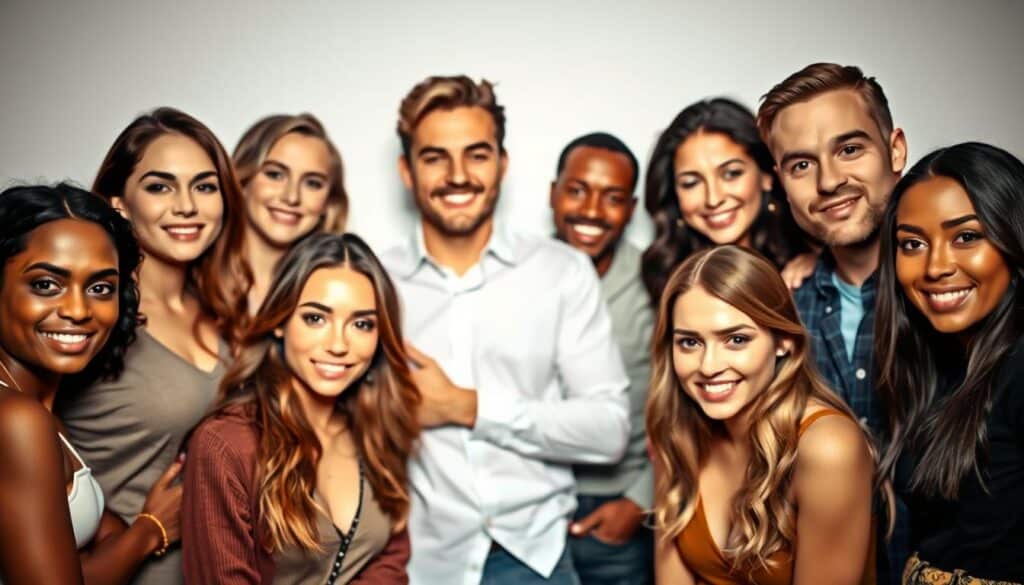 A well-lit, high-resolution portrait of a diverse group of attractive, stylish individuals posing confidently against a clean, minimalist background. The subjects are making eye contact with the camera, showcasing their best features and embodying an air of approachability and confidence. Soft, directional lighting creates a flattering, three-dimensional effect, while a shallow depth of field separates the subjects from the background, drawing the viewer's attention to the faces and expressions. The overall tone is one of positivity, warmth, and an inviting, sociable atmosphere, capturing the essence of an engaging Tinder profile.