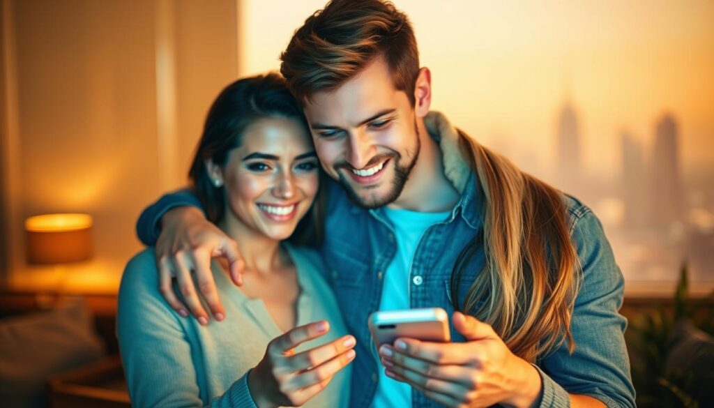 A young couple confidently interacting on a modern dating app, set against a warm, inviting background. In the foreground, their faces are illuminated by soft, natural lighting, conveying a sense of ease and connection. In the middle ground, the app interface is visible, its design sleek and intuitive. The background features a blurred city skyline, hinting at the possibilities and excitement of new experiences. The overall mood is one of optimism, self-assurance, and the positive impact of technology on personal growth and social interactions.