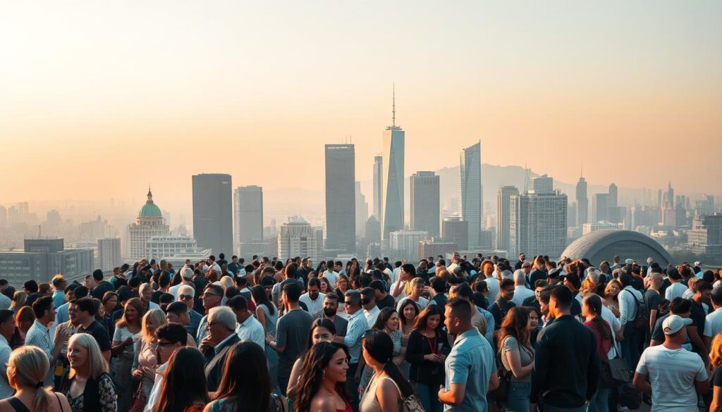 An expansive cityscape with a diverse array of individuals engaged in social activities. The foreground features a vibrant, bustling scene of people from various backgrounds and age groups mingling, laughing, and connecting. The midground showcases a range of modern buildings, reflecting the cosmopolitan atmosphere. The background is composed of a hazy, atmospheric skyline, infused with warm, golden-hour lighting that casts a welcoming glow over the entire scene. The composition evokes a sense of dynamic, inclusive community, where people from all walks of life come together, their differences celebrated and embraced.