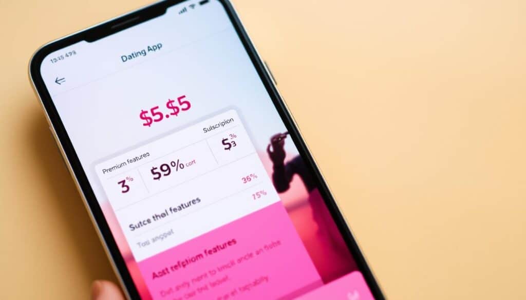 An overhead shot of a mobile phone screen displaying a dating app's user interface, with a clear focus on the cost breakdown and subscription options. The foreground features an array of dollar signs, percentages, and numerical values highlighting the pricing tiers and various premium features. The middle ground shows a silhouetted figure interacting with the app, emphasizing the user's experience. The background provides a soft, blurred backdrop, creating a sense of depth and simplicity, drawing the viewer's attention to the app's cost-effective details. The lighting should be a combination of warm and cool tones, creating a modern, technology-driven aesthetic. The camera angle should be slightly elevated, giving the impression of a bird's-eye view and a sense of objectivity.