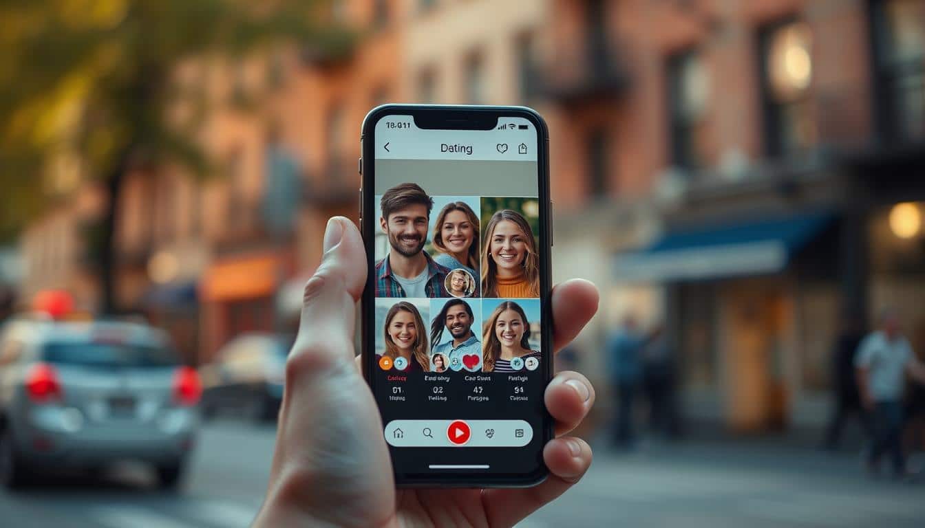 Discover the benefits of dating apps: an inviting composition showcasing a modern mobile device displaying a dating app interface, set against a warm, blurred urban backdrop. Soft, natural lighting accentuates the screen's crisp visuals, which feature smiling, diverse user profiles. The overall mood conveys a sense of connection, opportunity, and the excitement of new romantic possibilities. The scene is captured from a slightly elevated perspective, creating an aspirational, approachable atmosphere.