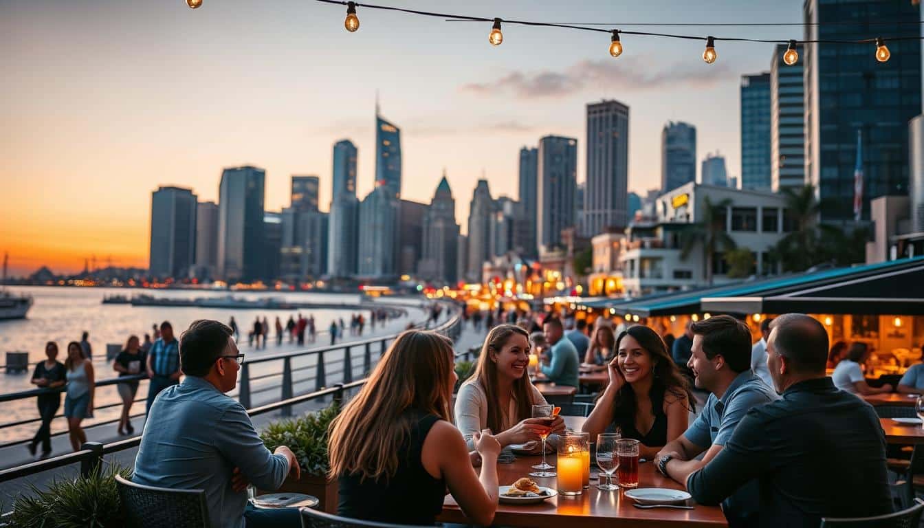 Serene city skyline at sunset, couples strolling hand-in-hand along a bustling waterfront promenade, vibrant cafes and restaurants lining the streets. In the foreground, a group of young professionals seated at outdoor tables, engaged in lively conversation over drinks and appetizers, their faces lit by the warm glow of string lights overhead. The mood is relaxed, intimate, and full of possibility, hinting at the benefits of using dating apps to connect in a modern, cosmopolitan setting.