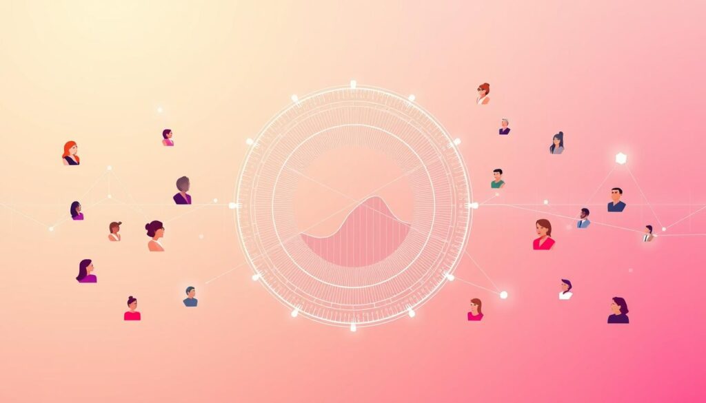a modern dating app interface with a sleek, minimalist aesthetic. In the center, a large circular graph visualizes user preferences and algorithmic matches, pulsing and shifting as connections are made. Surrounding the graph, stylized user profile avatars float and interact, their movements reflecting the algorithms at work. The background is a soft, gradient-based color palette, with hints of technology and data in the form of glowing lines and abstract geometric shapes. Lighting is clean and balanced, with a slight depth-of-field effect to draw the eye to the central matching visualization. The overall atmosphere is one of seamless, intelligent dating technology bringing people together.