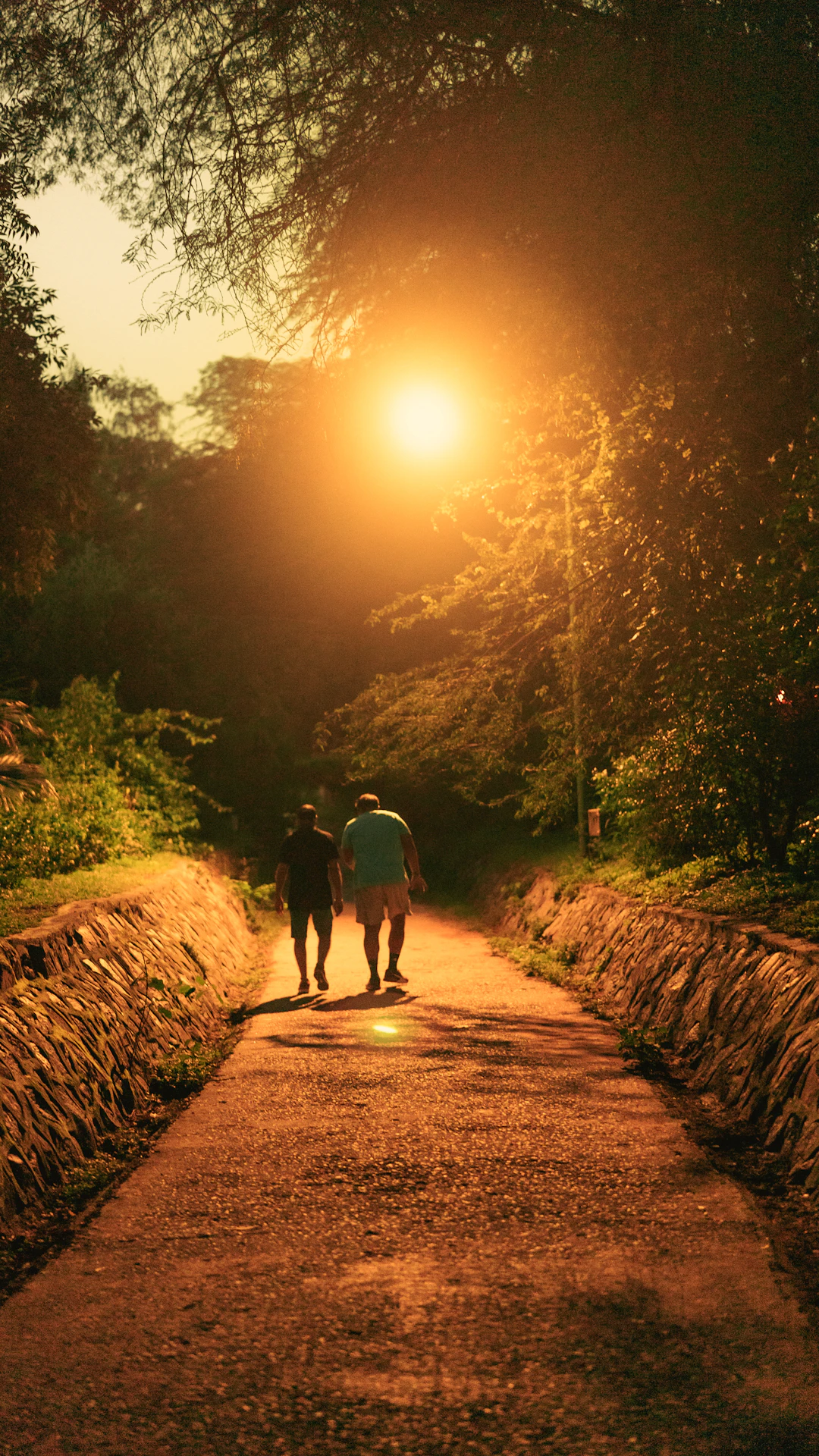 a couple of people walking down a dirt road